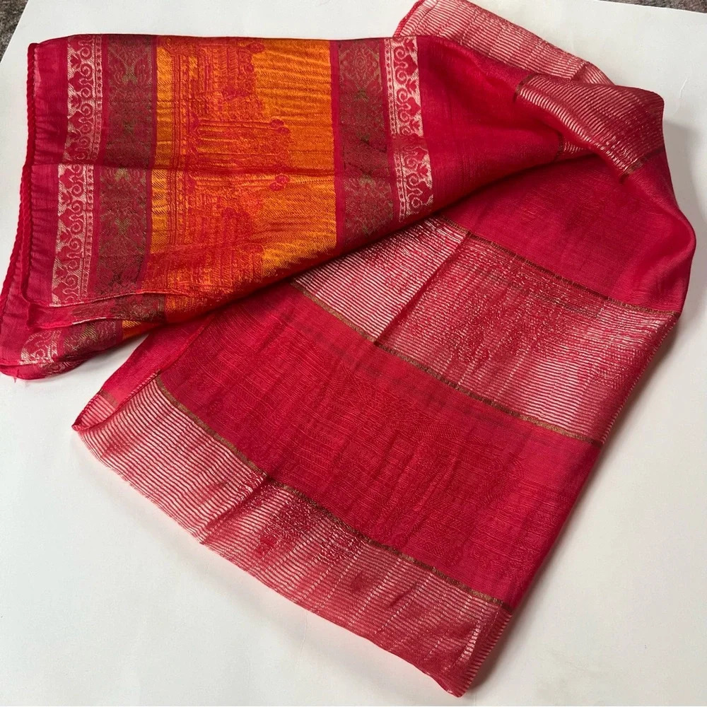 Silk Scarf Lightweight Moroccan India Design Damask Red Gold Orange - Picture 3 of 9